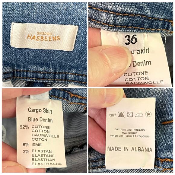 Swedish Hasbeens Denim Cargo Skirt Sz 36 / US M Blue Stone Bleach Wash Stretchy - Picture 10 of 13